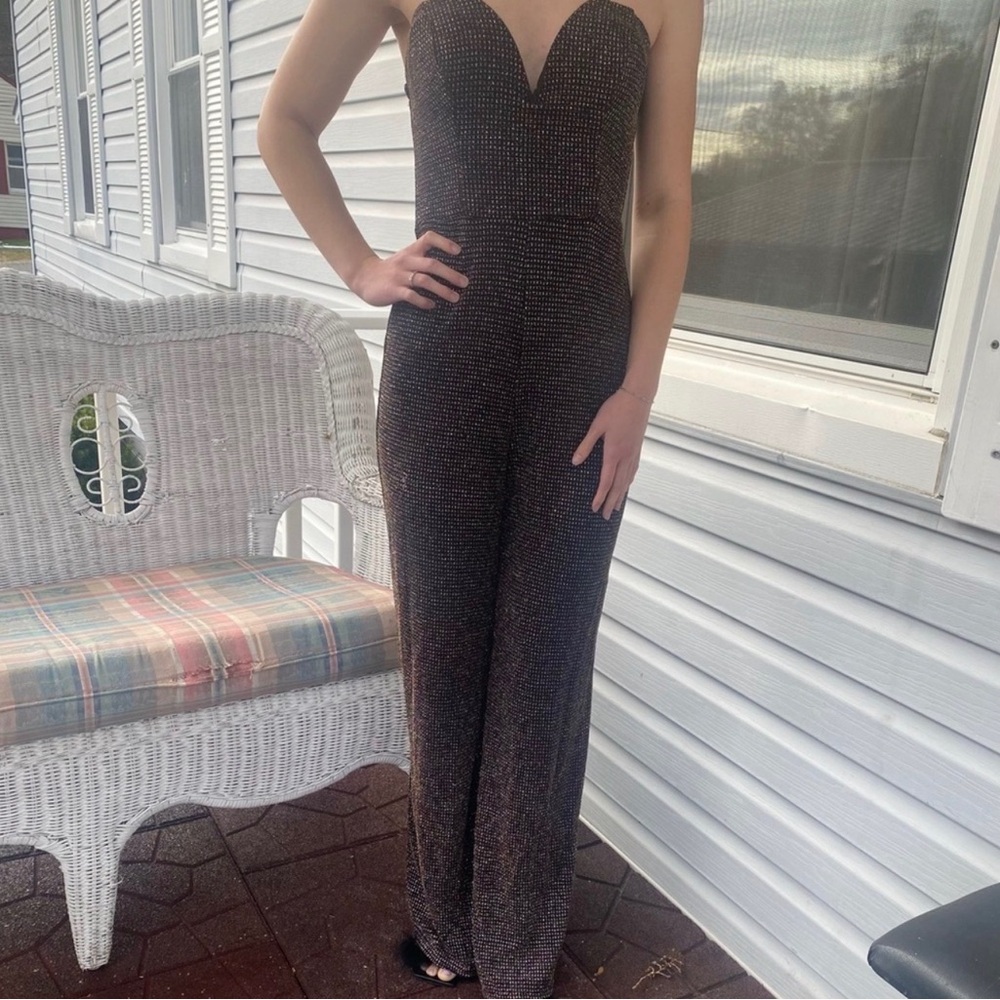 Altar’d State Elegant Black Brown and Gold Strapless Sequin Jumpsuit
